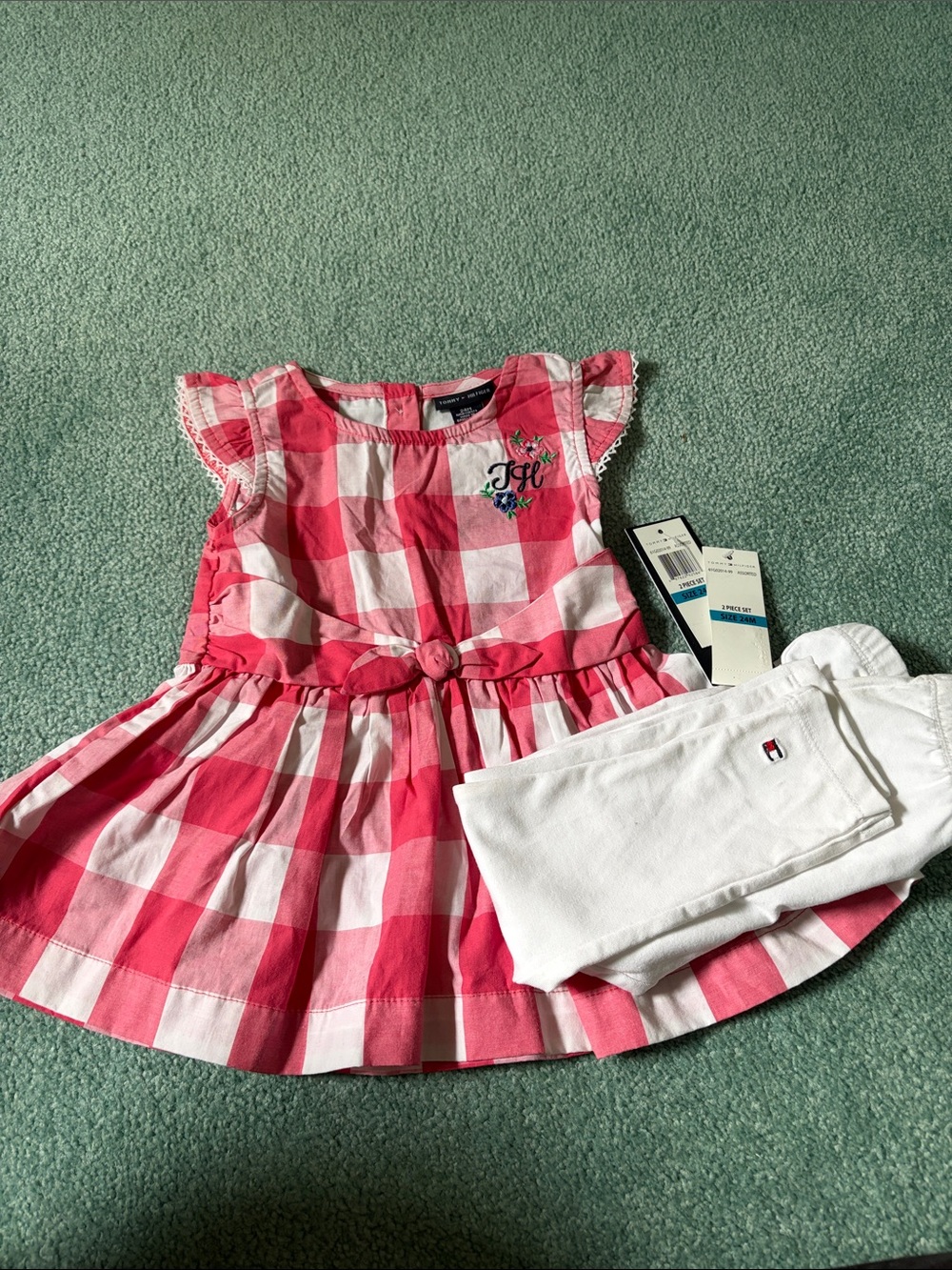 Tommy Hilfiger Pink and White Gingham Dress with White Leggings Set